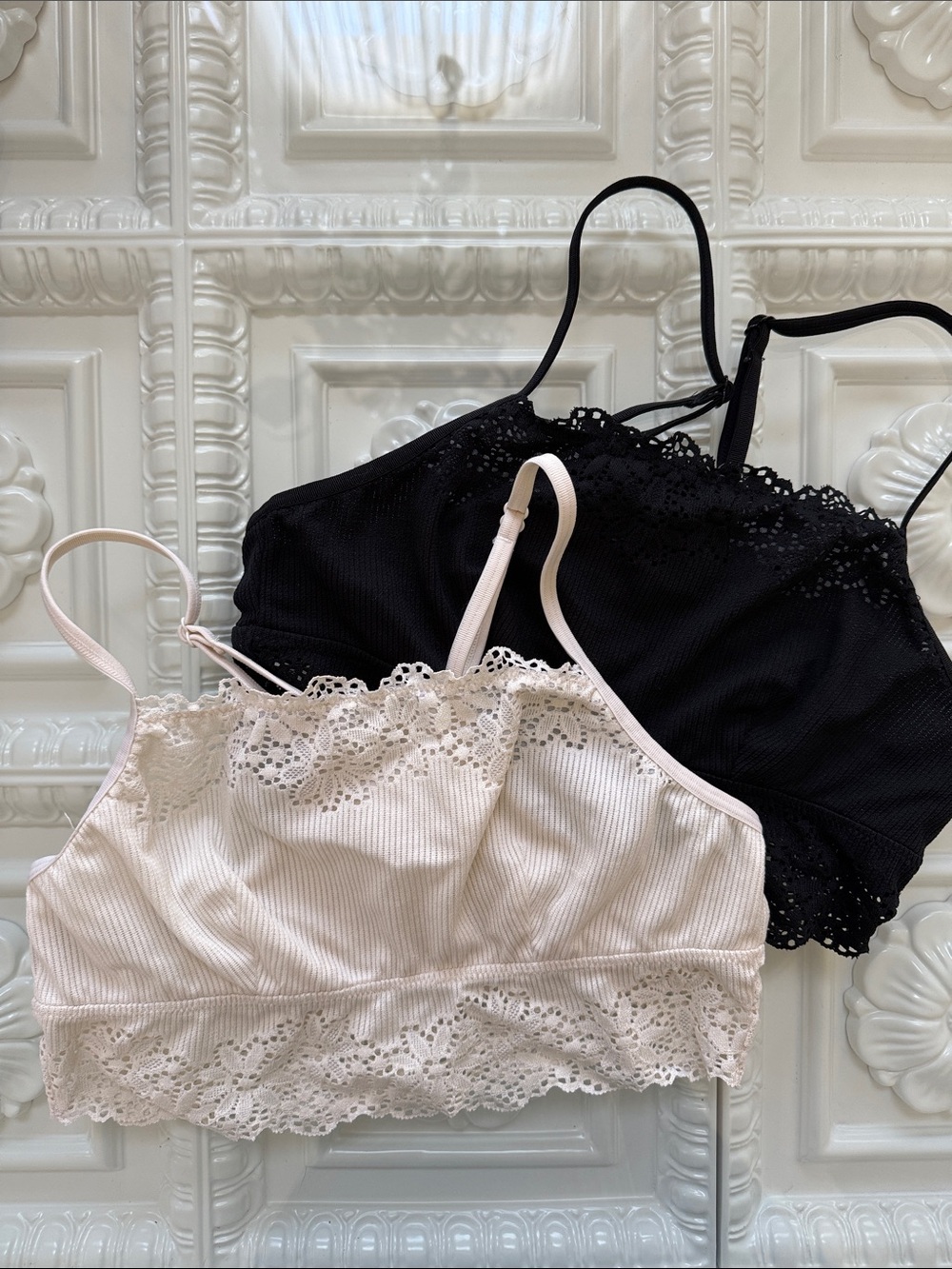 Aeropostale Lace-Trim Ribbed Bandeau Set - Black & Cream